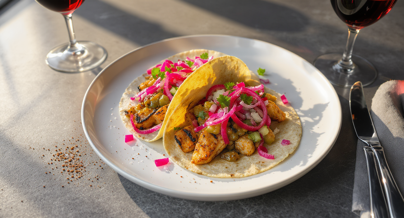 Grilled Chicken Tacos with Roasted Tomatillo Salsa and Pickled Red Onion