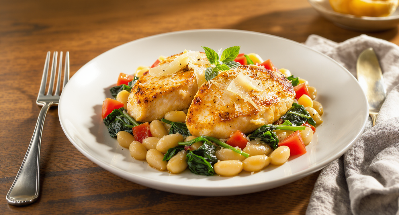 Italian Chicken & White Bean Skillet with Garlic Spinach