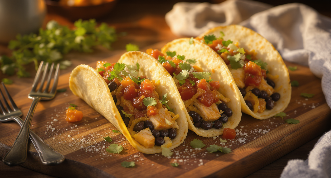 Chicken & Black Bean Tacos with Roasted Tomatillo Salsa