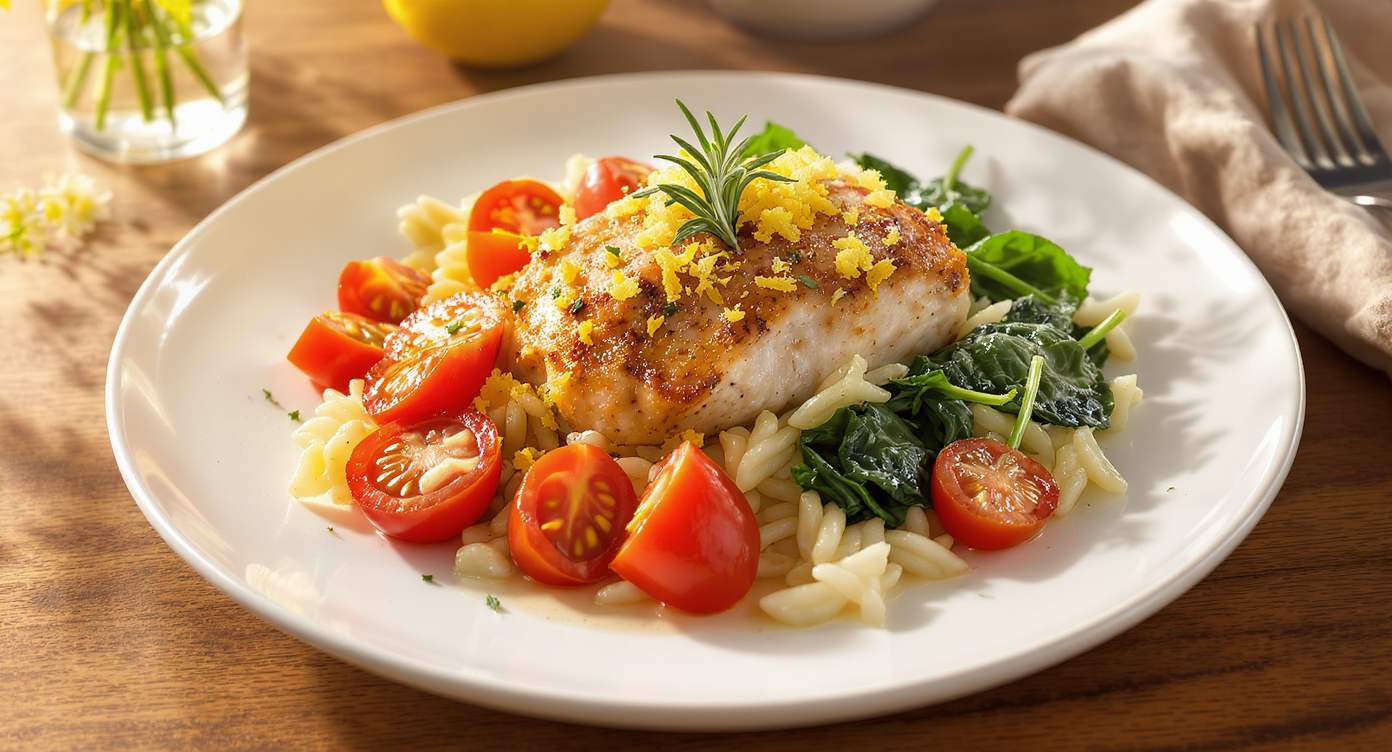Lemon Rosemary Chicken with Garlic Parmesan Orzo