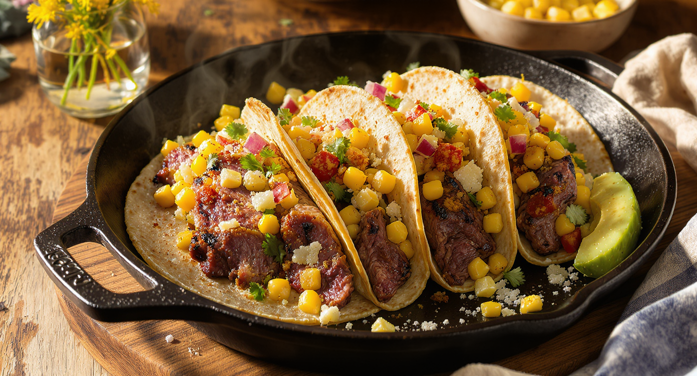 Grilled Carne Asada Tacos with Elote-Inspired Corn Salad
