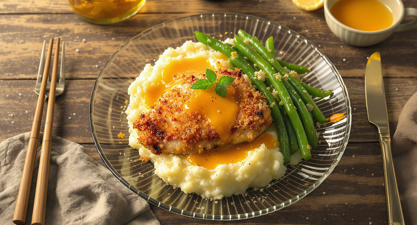 Crispy Cheddar Chicken with Garlic Mashed Potatoes & Green Beans