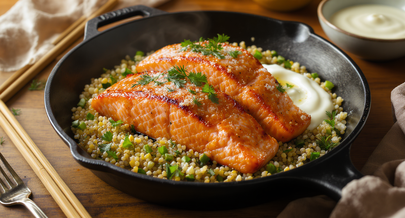 Seared Salmon with Herbed Quinoa and Lemon Yogurt Sauce