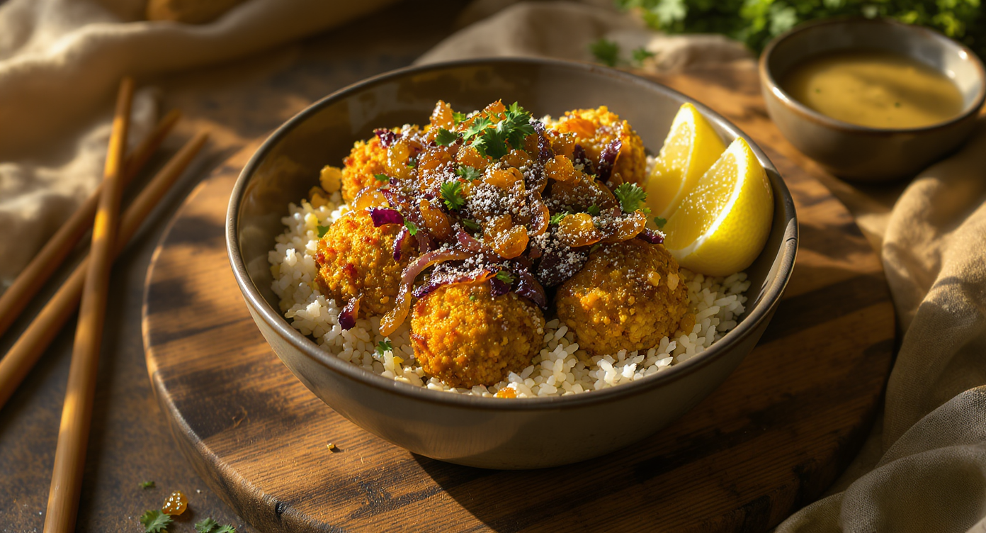 Omani-Spiced Falafel Bowl with Caramelized Onions & Golden Raisins