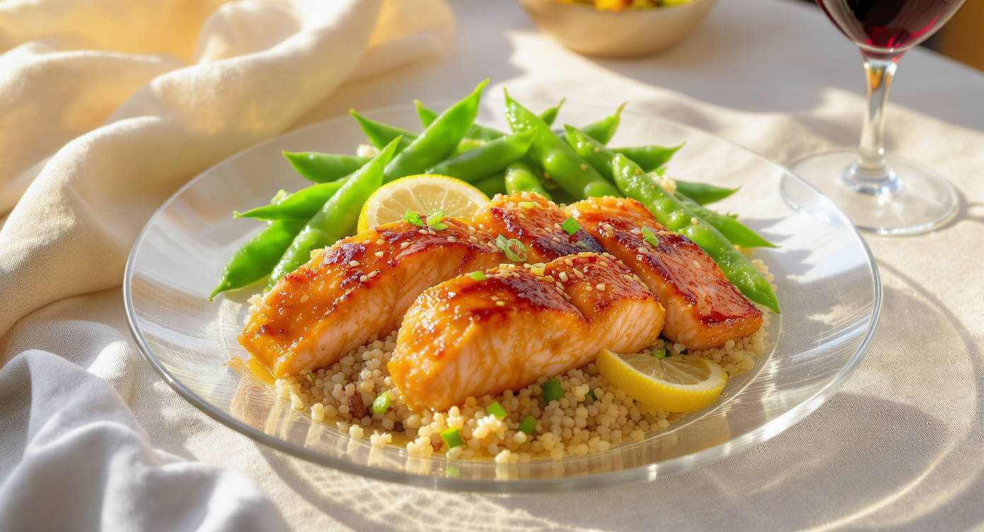 Asian-Mediterranean Miso Glazed Salmon with Quinoa & Sesame Snap Peas