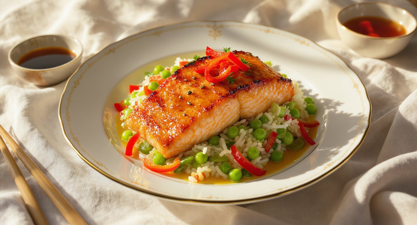 Miso-Ginger Seared Salmon with Sesame Snap Pea Rice