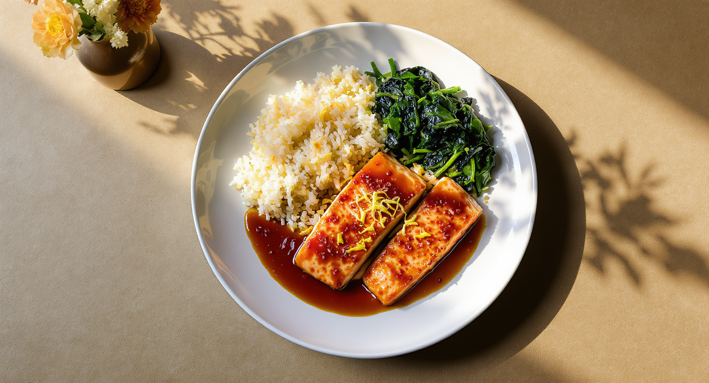 Asian-Inspired Italian Lemon-Ginger Salmon with Garlicky Spinach & Rice