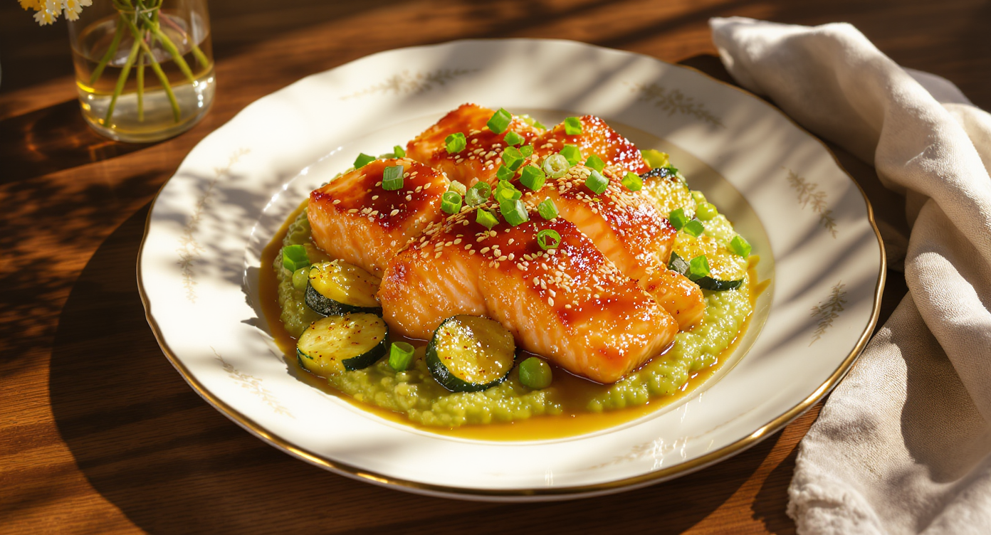 Sesame-Ginger Glazed Salmon with Silky Miso Edamame Purée