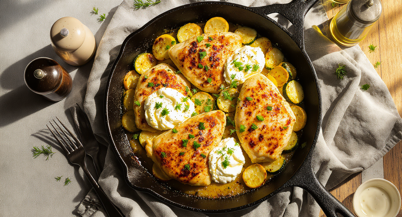 Mediterranean Lemon Herb Chicken with Whipped Feta and Roasted Zucchini