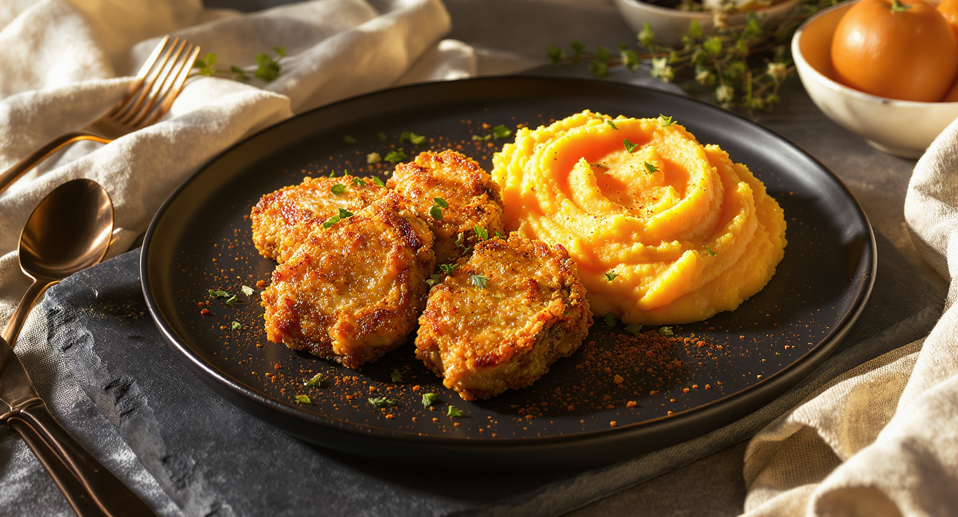 Southern-Style Crispy Oyster Mushroom “Chicken” with Creamy Mashed Sweet Potatoes