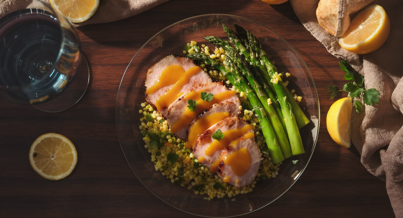 Pork Tenderloin with Mustard Sauce, Roasted Asparagus, and Lemon-Herb Quinoa